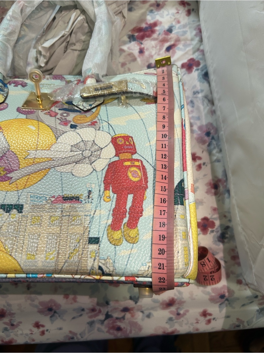 Pastel Illustrated Top-Handle Satchel in Blue, Pink, Yellow - Picture 8 of 9
